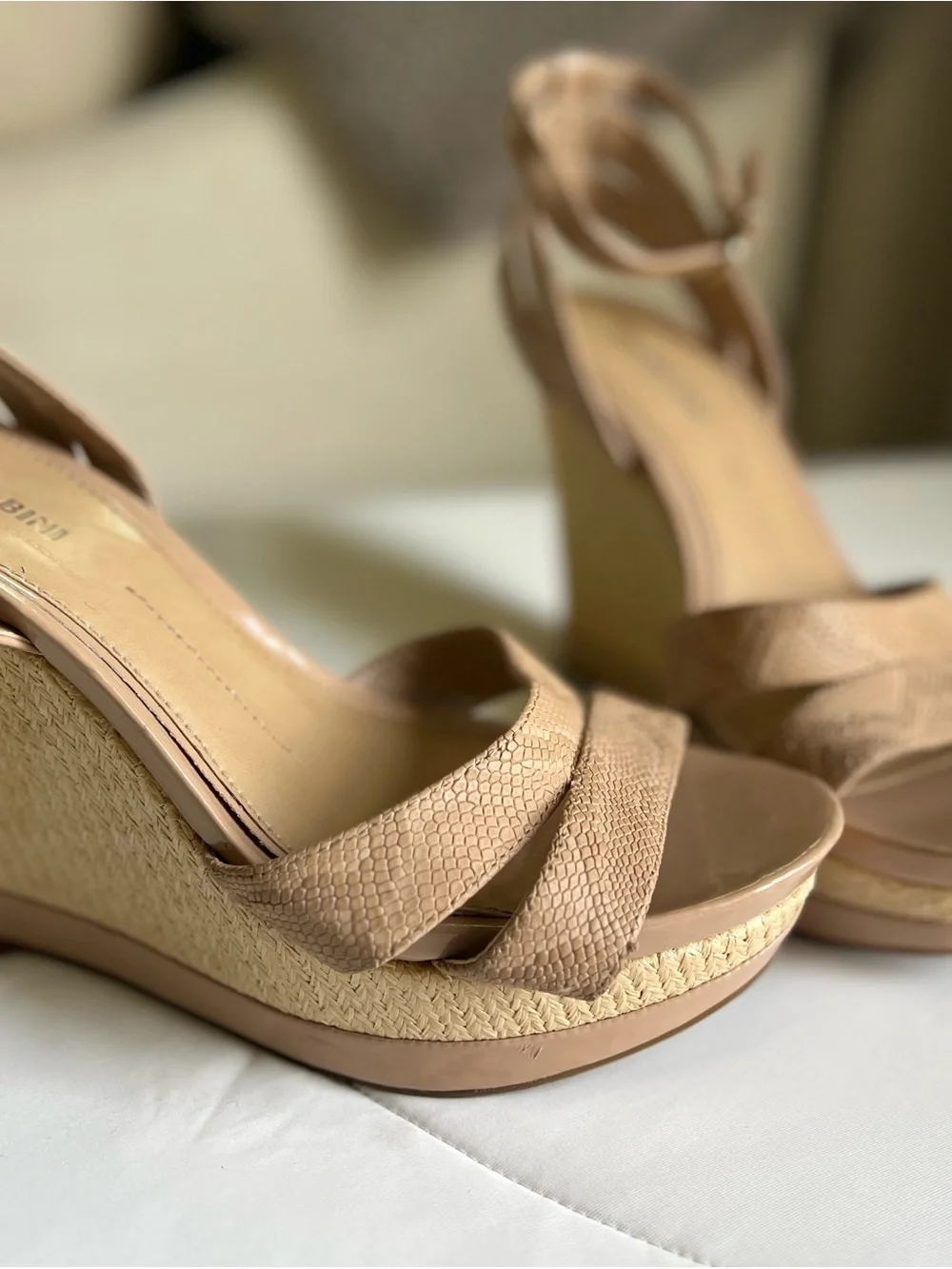 Gianni Bini Nude Ankle-Strap Wedge Sandals - Women's size 8.5 Straw